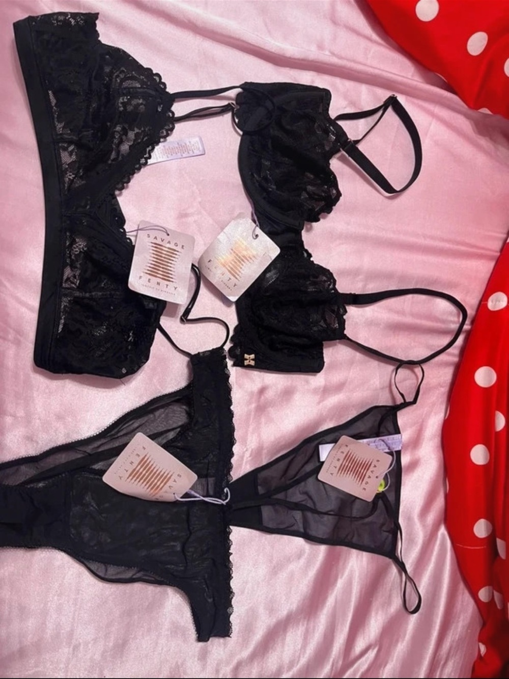 Savage X Fenty Black Lace & Mesh Bralette and Thong Set